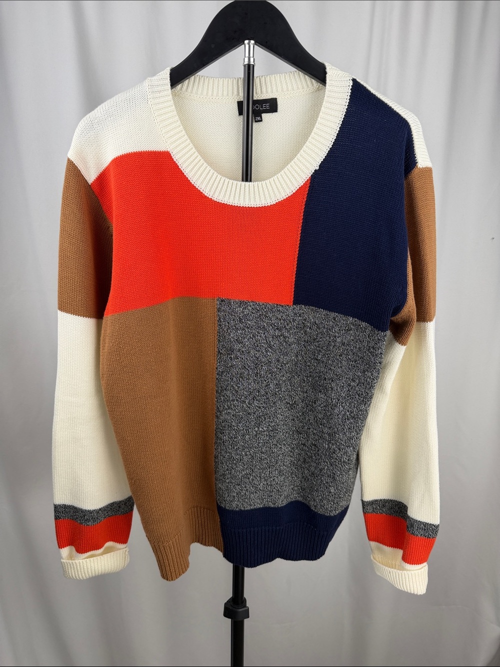 ROOLEE Colorblock Knit Sweater Cream Navy Orange Camel Gray 2XL